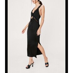 Nastygal Black Let Your Love Flow Square Neck Midi  Satin Slip Dress Sz10 SKU106